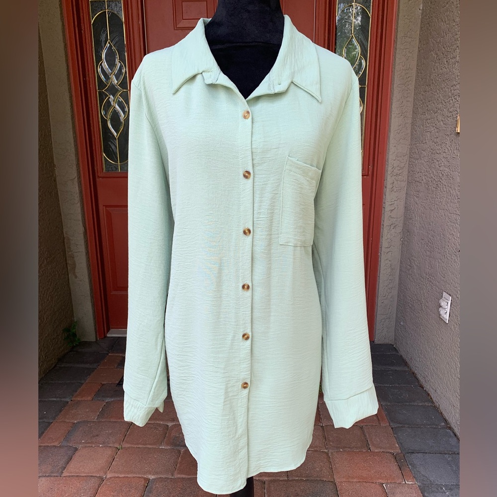 Pastel Green Long Sleeve Button-Up Women's Tunic